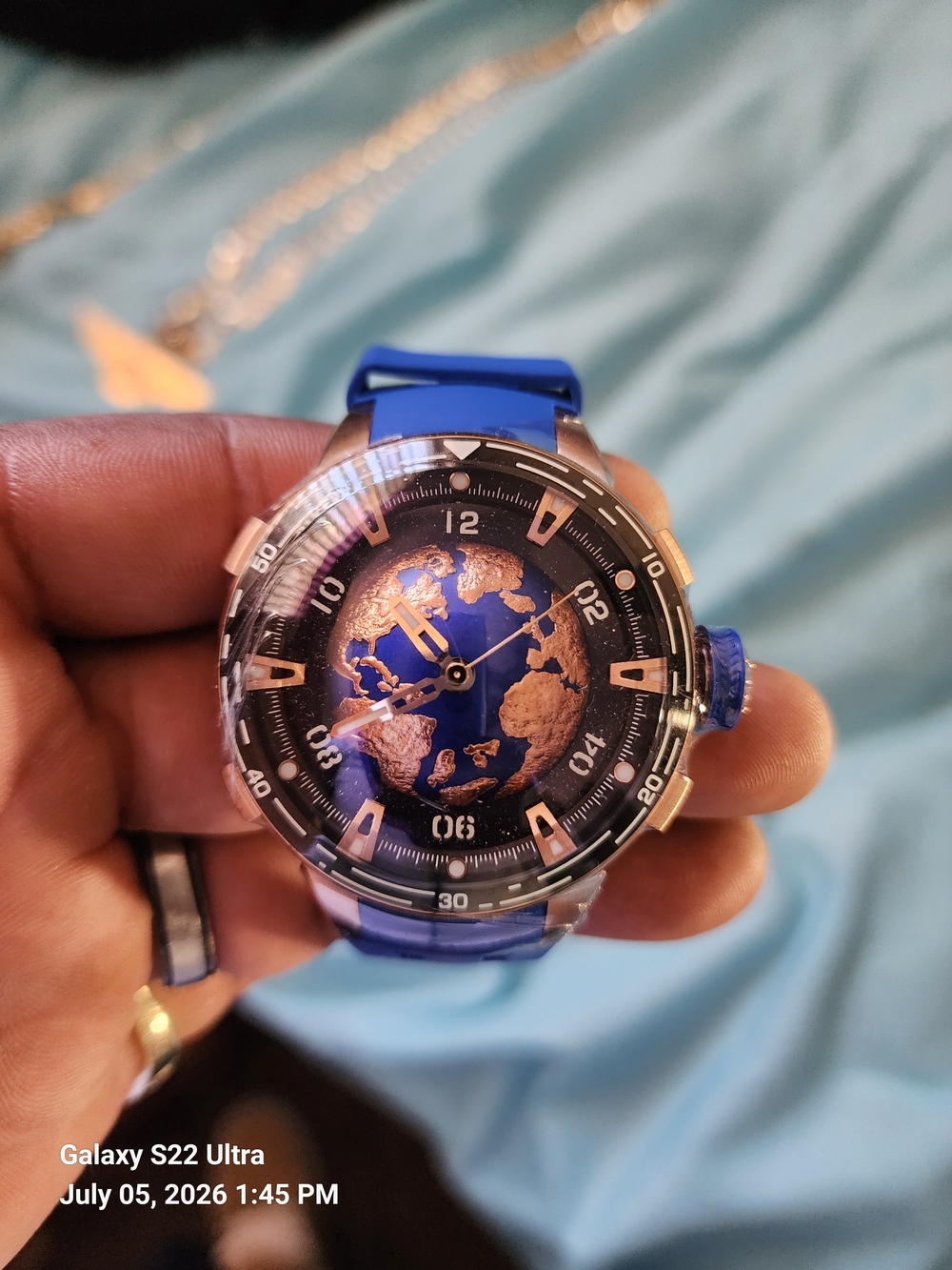 Invicta Automatic Rose Gold Blue Globe Dial Watch with Blue Strap 42mm